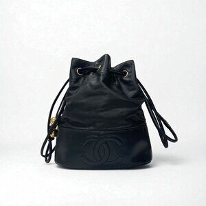 Chanel Bag Shoulder Bag Black Gold Drawstring Vintage